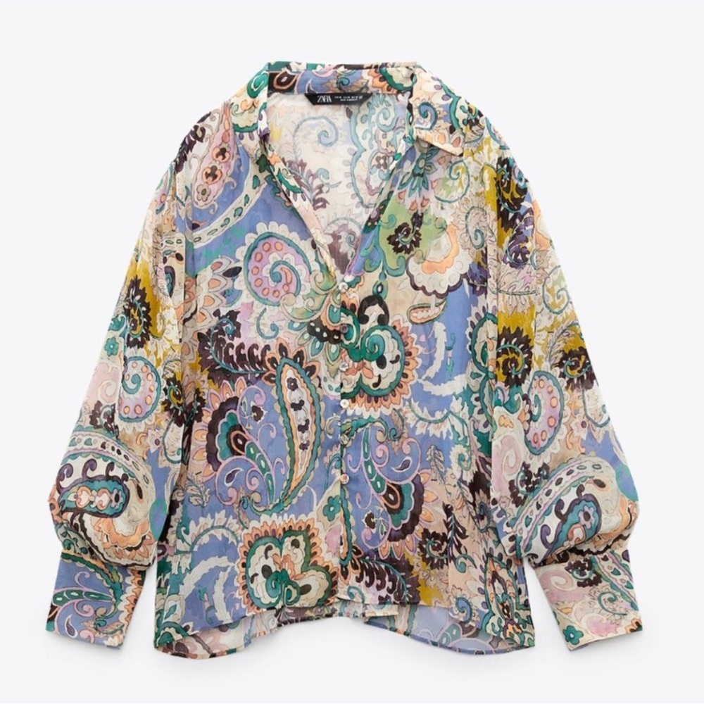NWT ZARA PAISLEY PRINT BOHO POET SEMI SHEER LONG SLEEVE BUTTON DOWN SHIRT XL